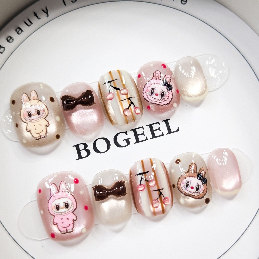​Labubu The Monsters Press On Nails Kawaii Pink & Brown 3D Bow Nail Art Size M